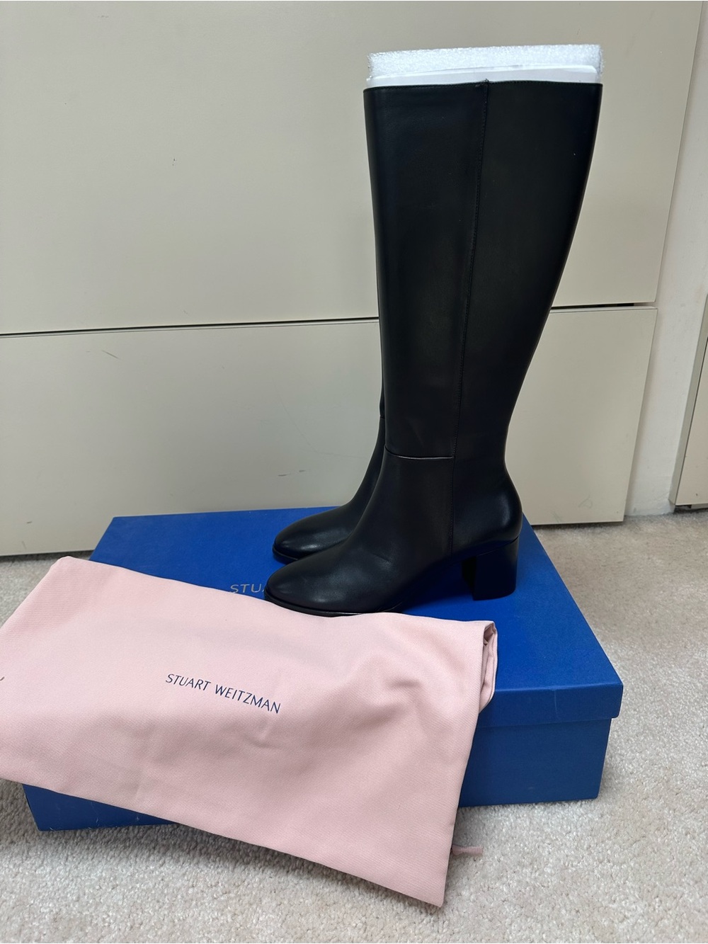 Stuart Weitzman Black Leather Over-the-Knee Block Heel Boots